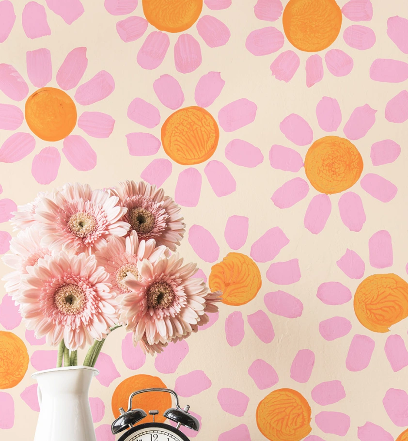 Pink flower minimalist with orange circle